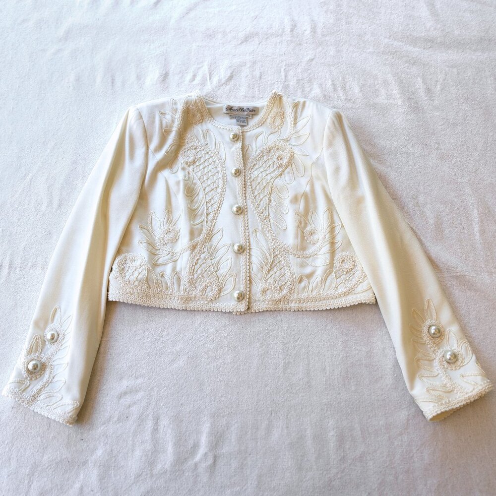 Vintage 80s Cream Embroidered, Beaded Pearl Button Jacket | Baroque | Romantic